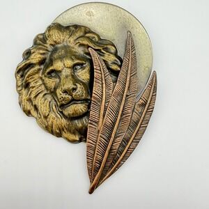 Vtg Lion Head Brooch 3D Figural Mix‎ Metal Leaf Modernist Statements Signed K&T